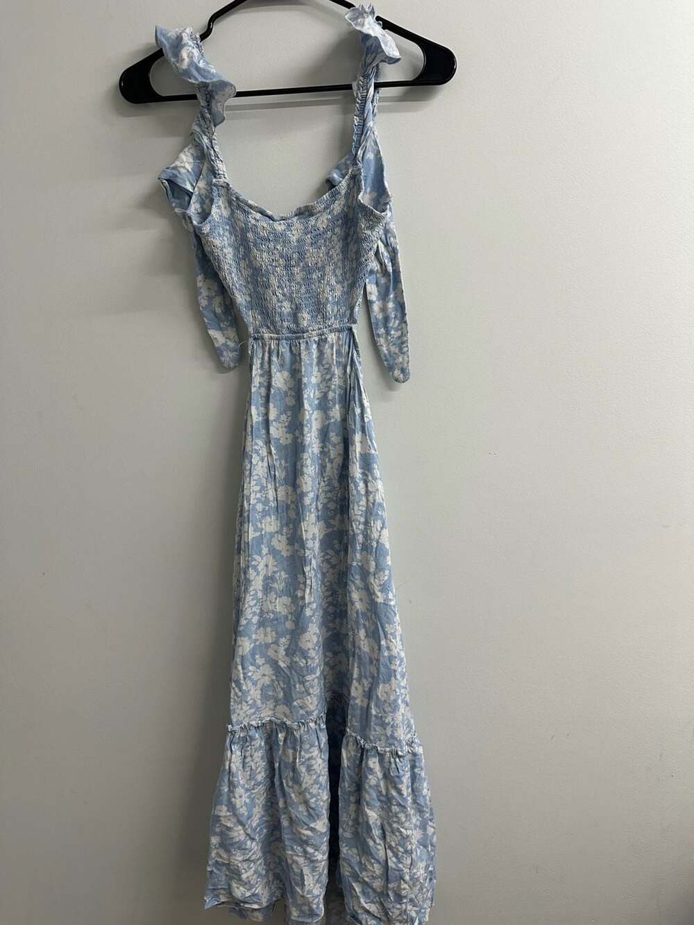 Almost Famous Blue and White Floral Print Smocked Maxi Dress